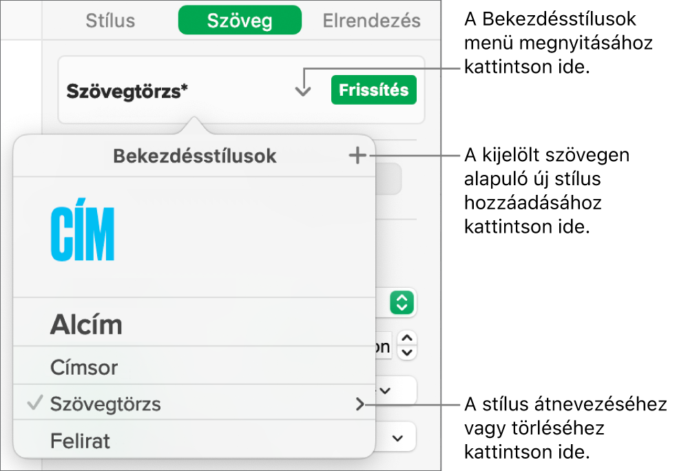 A Bekezdésstílusok menü a stílusok hozzáadására vagy módosítására szolgáló vezérlőkkel.