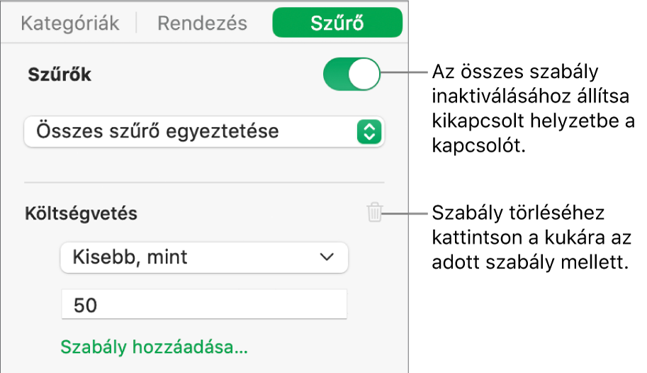 Szűrő törlésére vagy az összes szűrő kikapcsolására szolgáló vezérlők.