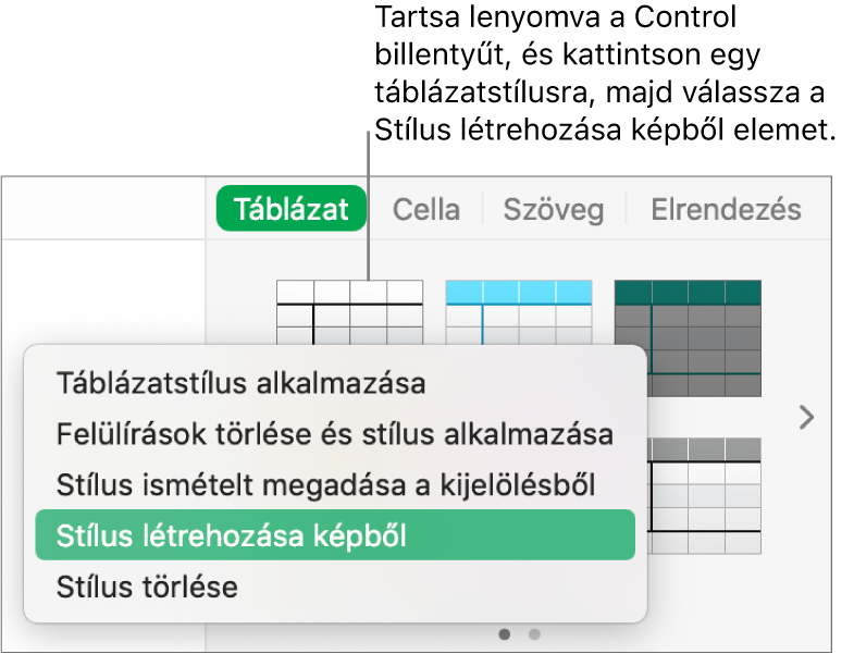 A Táblázatstílus helyi menü.