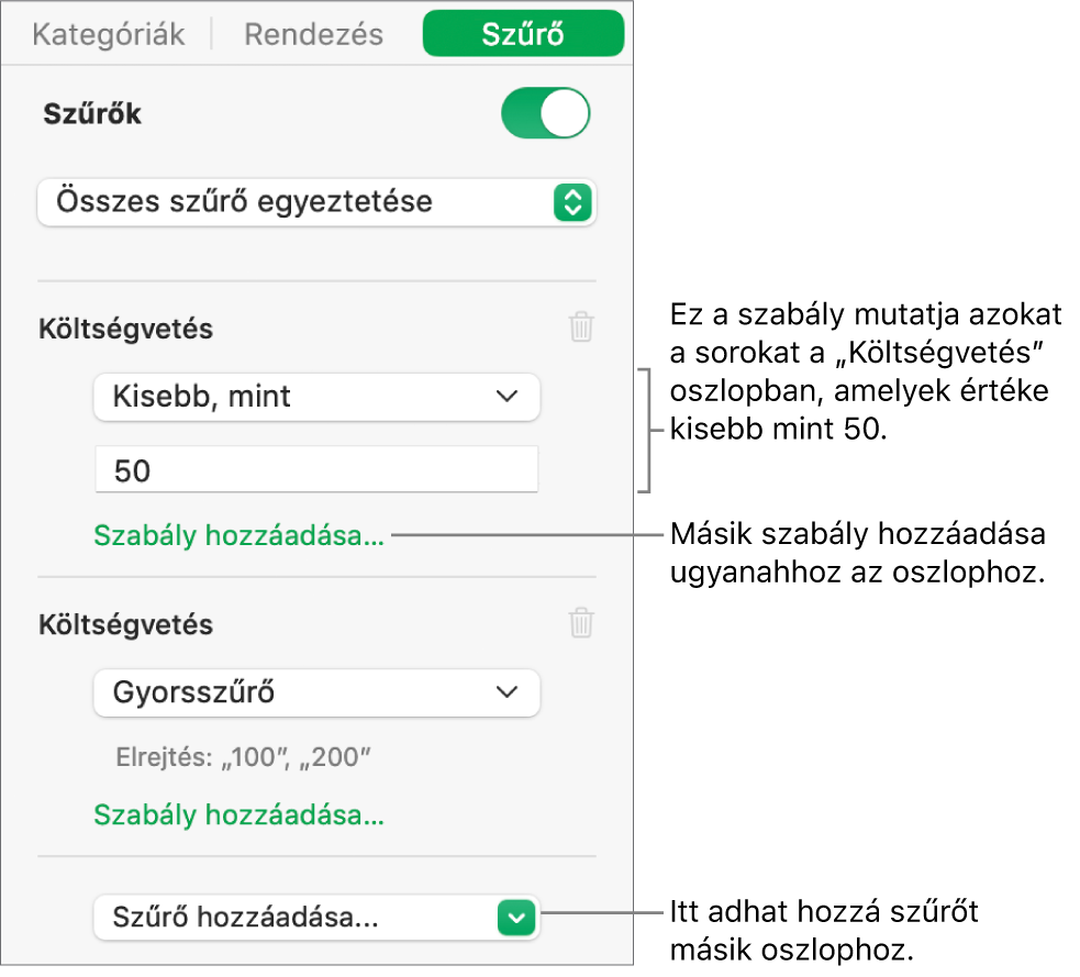 A szűrőszabályok létrehozására szolgáló vezérlők.