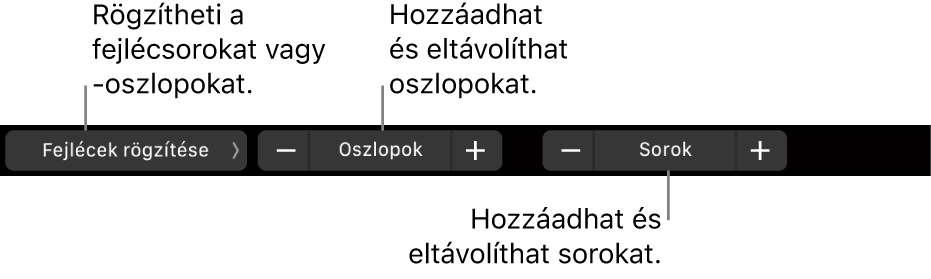 A MacBook Pro Touch Barja a fejlécsorok vagy -oszlopok rögzítésére, az oszlopok hozzáadására és eltávolítására, valamint a sorok hozzáadására és eltávolítására szolgáló vezérlőkkel.