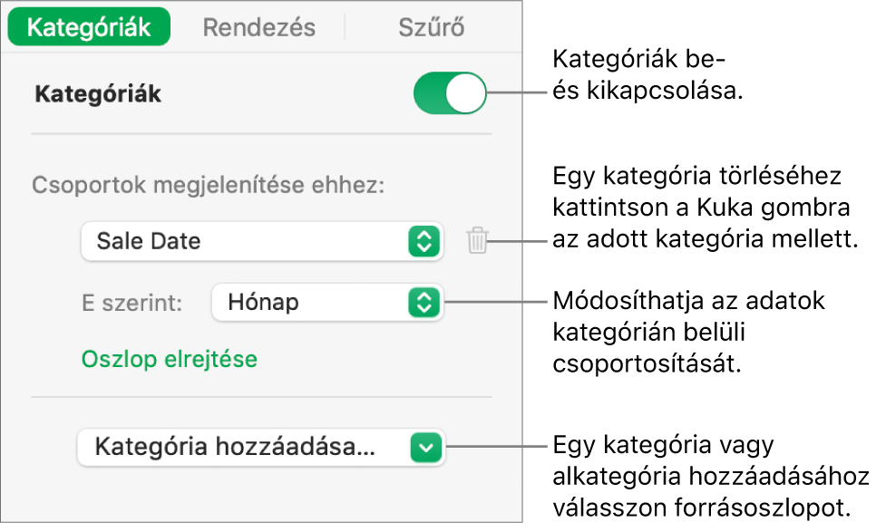 A kategóriák oldalsávja beállításokkal a kategóriák kikapcsolásához, a kategóriák törléséhez, az adatok átcsoportosításához, forrásoszlop elrejtéséhez és kategóriák hozzáadásához.