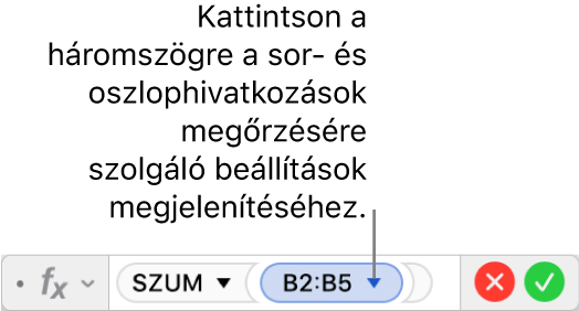 A képletszerkesztő egy háromszöggel, amelyre kattintva megnyithatja a sor- és oszlopbeállítások megőrzésére szolgáló opciókat.