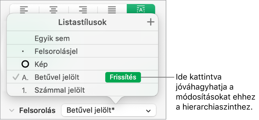 A Listastílusok előugró menü az új stílus neve melletti Frissítés gombbal.