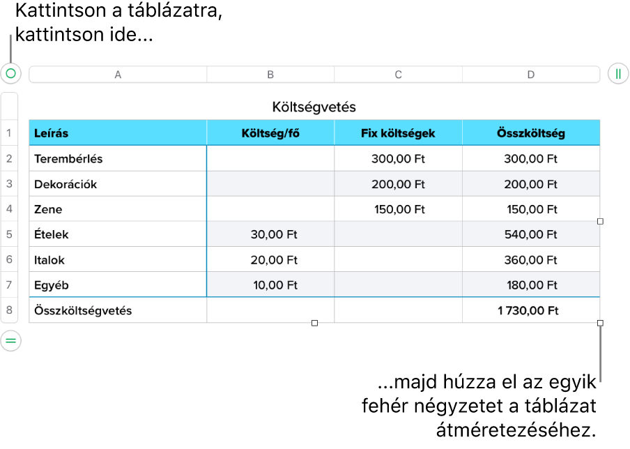 Kijelölt táblázat, átméretezésre szolgáló fehér négyzetekkel.