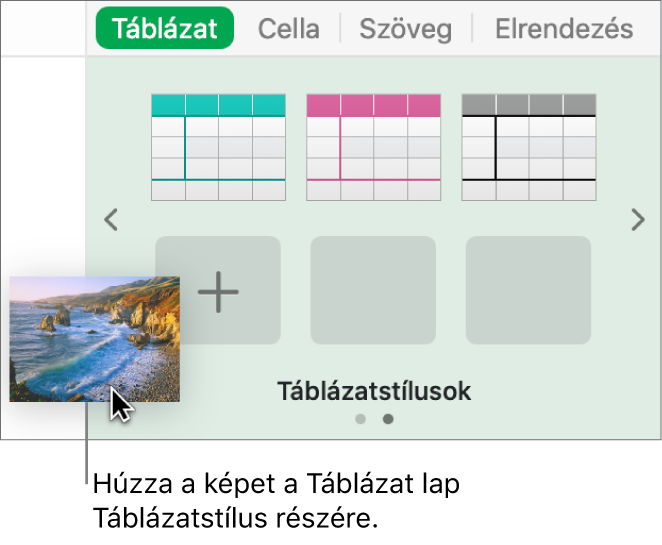 Új stílus létrehozása egy kép táblázatstílusokhoz történő húzásával.