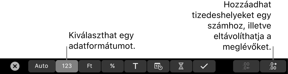 A MacBook Pro Touch Barja az adatok formátumának kiválasztására, illetve egy szám tizedeshelyeinek hozzáadására és eltávolítására szolgáló vezérlőkkel.