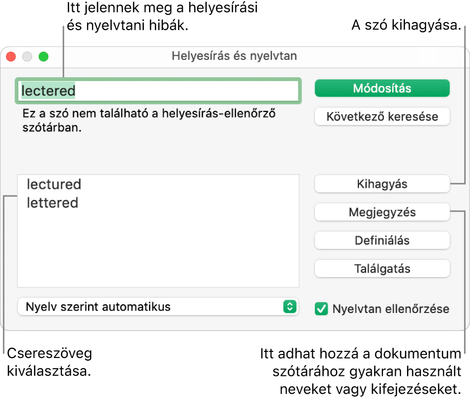 A Helyesírás és nyelvtan ablak.