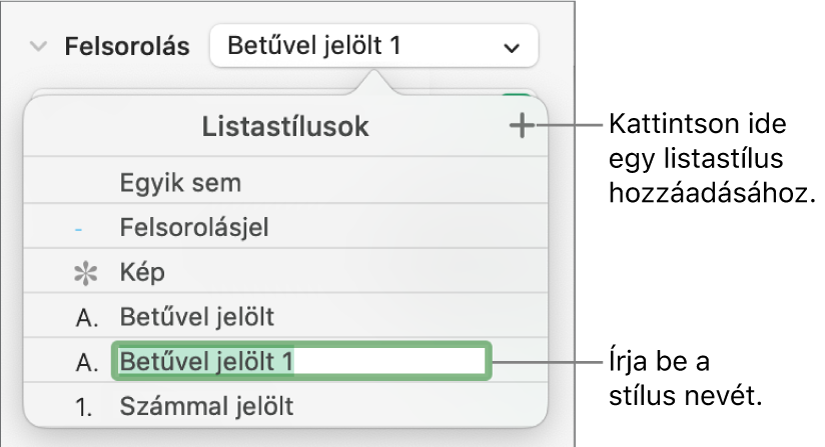 A Listastílusok előugró menü a felső sarokban található Hozzáadás gombbal és egy helyőrző stílusnévvel, amelynek szövege ki van jelölve.