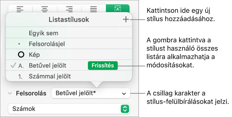 A Listastílusok előugró menü, amelynél egy csillag karakter jelzi a felülírást, továbbá az Új stílus gombra vonatkozó ábrafeliratok és egy, a stílusok kezelésének beállításait tartalmazó almenü láthatók.