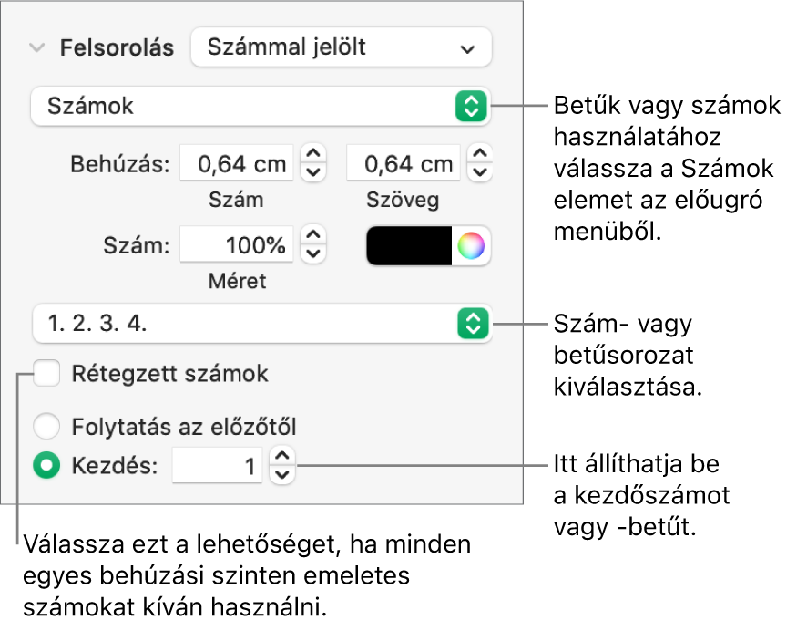 Lista számstílusának és térközének módosítására szolgáló vezérlők.