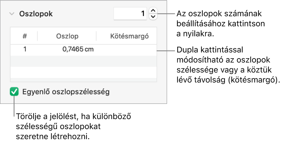 Vezérlők az oszlop szakaszban a hasábok számának és az egyes hasábok szélességének módosításához.