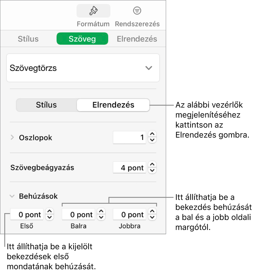 Az első sori behúzás és bekezdésmargók beállítására szolgáló vezérlők a Formátum oldalsáv Elrendezés területén.