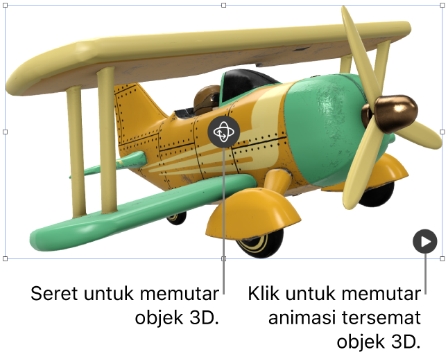 Objek 3D dengan tombol Putar di bagian tengah objek, dan tombol Putar di pojok kanan bawah.