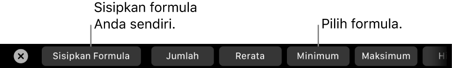 Touch Bar MacBook Pro dengan kontrol untuk menyisipkan formula Anda sendiri dan memilih formula yang umum digunakan.