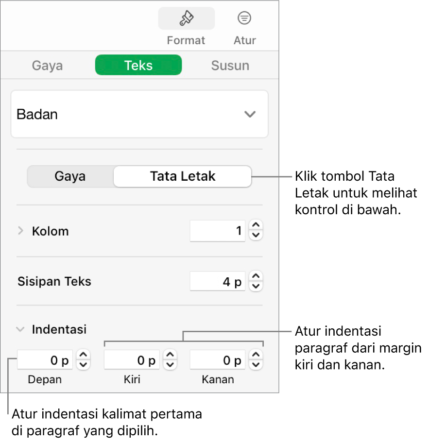 Bagian Tata Letak pada bar samping Format menampilkan kontrol untuk mengatur indentasi baris pertama dan margin paragraf.