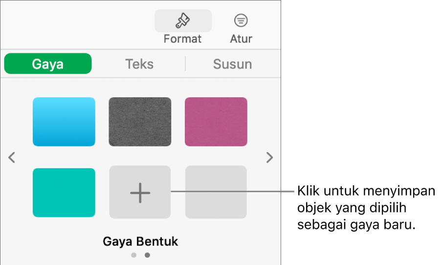 Tab Gaya bar samping Format dengan empat gaya gambar, tombol Buat Gaya, dan placeholder gaya kosong.