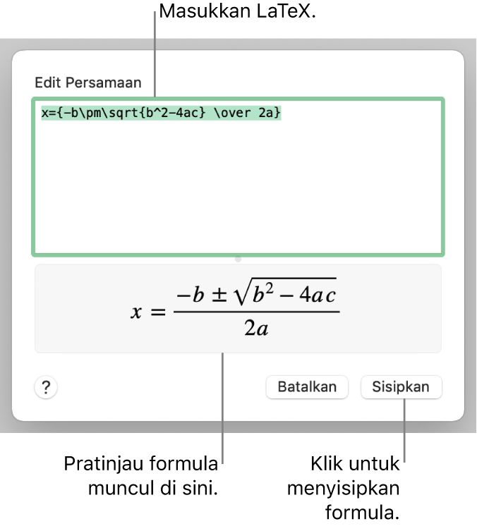 Formula kuadratik yang ditulis menggunakan LaTeX di bidang Persamaan, dan pratinjau formula di bawah ini.