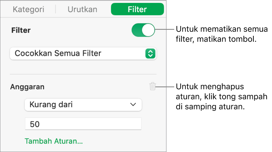 Kontrol untuk menghapus filter atau mematikan semua filter.