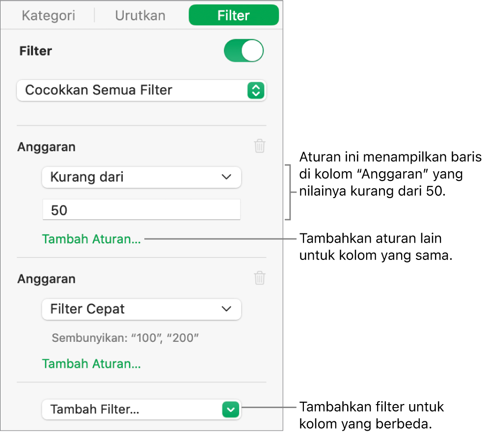 Kontrol untuk membuat aturan pemfilteran.