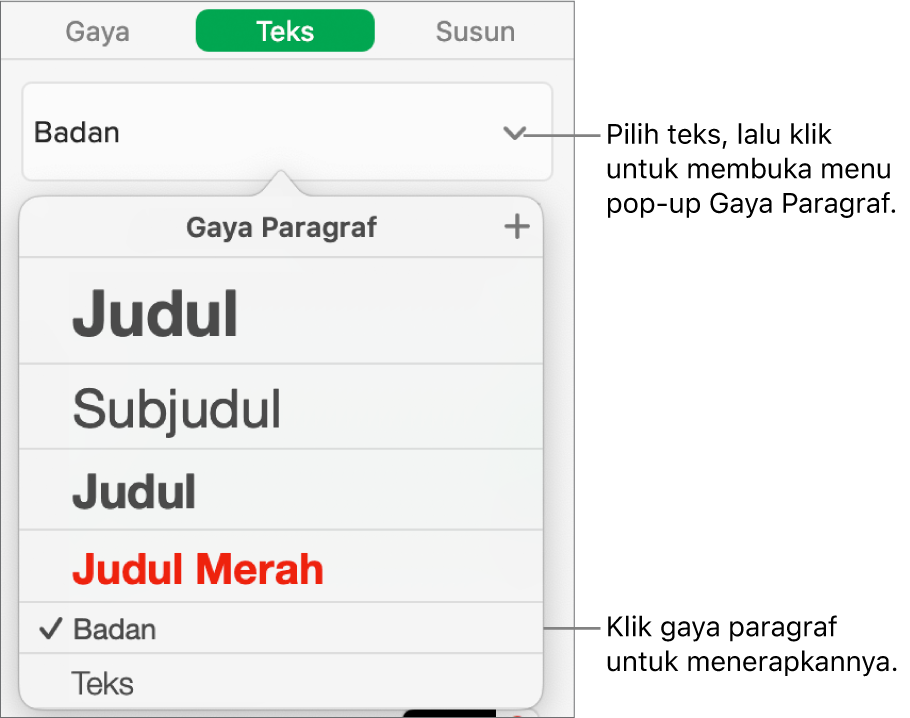 Menu Gaya Paragraf dengan tanda centang di samping gaya yang dipilih.