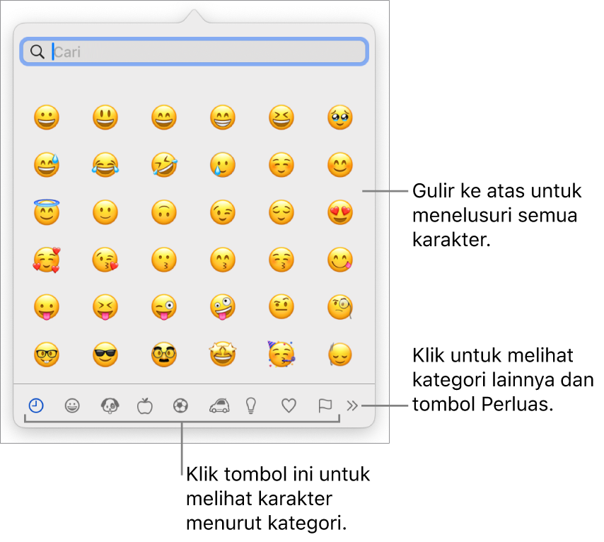 Pop-up Karakter Khusus menampilkan emosikon, tombol untuk jenis simbol yang berbeda di bagian. bawah, dan keterangan pada tombol untuk menampilkan jendela Karakter secara penuh.