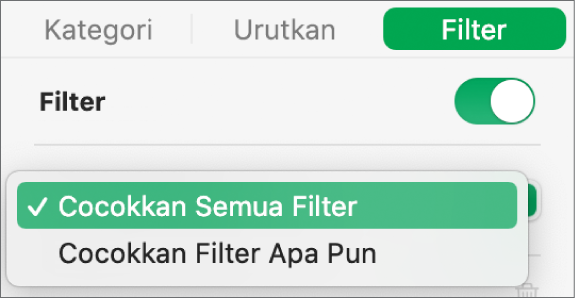 Menu pop-up untuk memilih antara menampilkan baris yang cocok dengan semua filter atau filter apa pun.