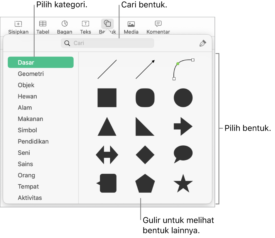 Perpustakaan bentuk, dengan kategori tercantum di kiri dan bentuk ditampilkan di kanan. Anda dapat menggunakan bidang pencarian di bagian atas untuk menemukan bentuk dan menggulir untuk melihat lainnya.