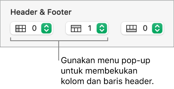 Menu pop-up untuk menambahkan kolom dan baris header dan footer ke tabel dan untuk membekukan baris dan kolom header.