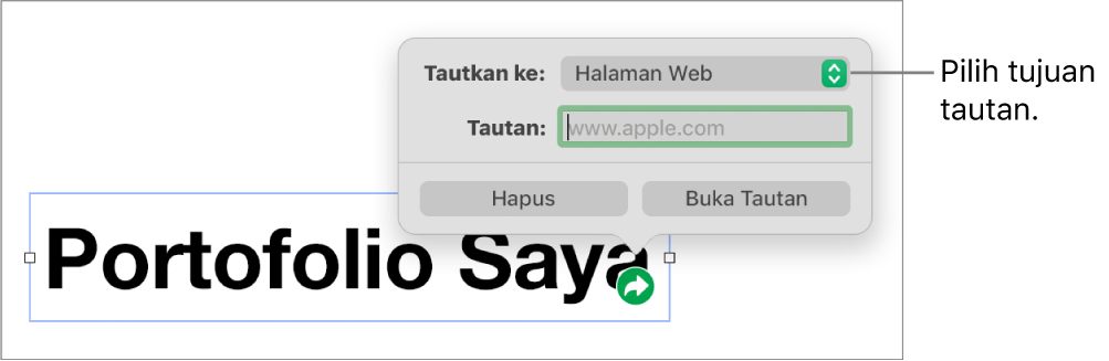 Kontrol editor tautan dengan Halaman Web dipilih dan tombol Hapus serta Buka Tautan di bagian bawah.