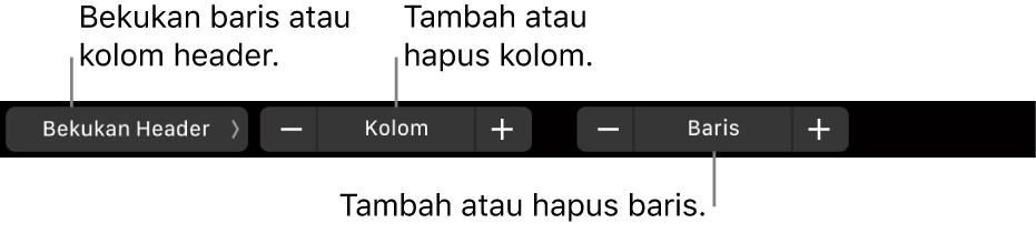 Touch Bar MacBook Pro dengan kontrol untuk membekukan baris atau kolom header, menambah atau menghapus kolom, dan menambah atau menghapus baris.