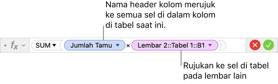 Editor Formula menampilkan formula yang merujuk pada kolom di satu tabel dan sel di tabel lain.