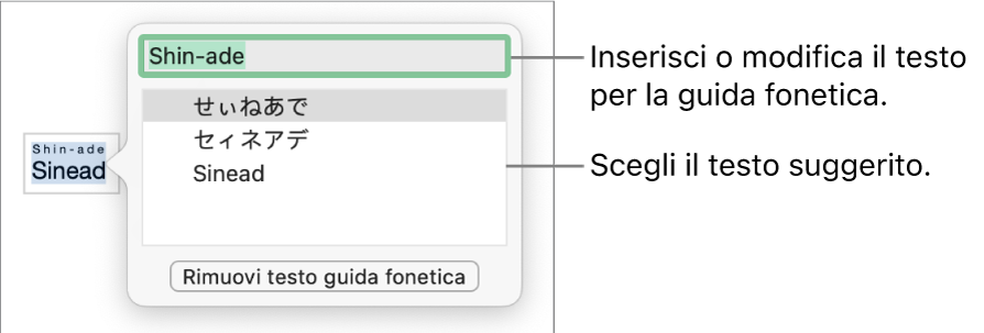 La guida fonetica aperta per una parola, con didascalie per il campo di testo e il testo suggerito.