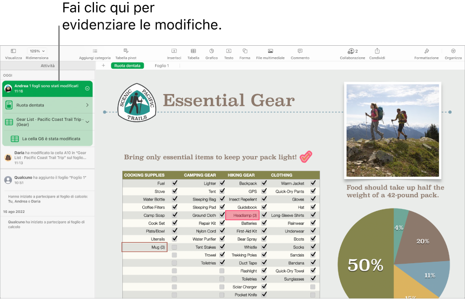 Un foglio di calcolo condiviso con il menu Collaborazione e l’elenco delle attività aperti.