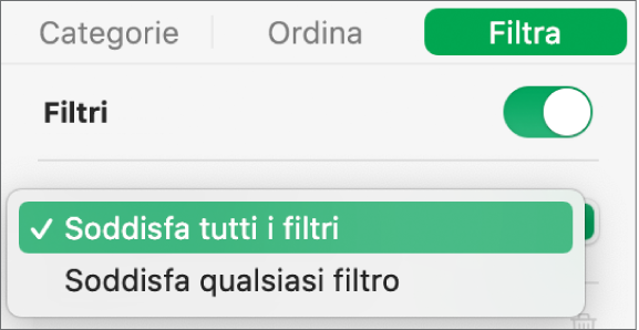 Menu a comparsa per scegliere se visualizzare le righe che soddisfano i criteri di tutti i filtri o quelle che soddisfano i criteri di un filtro qualsiasi.