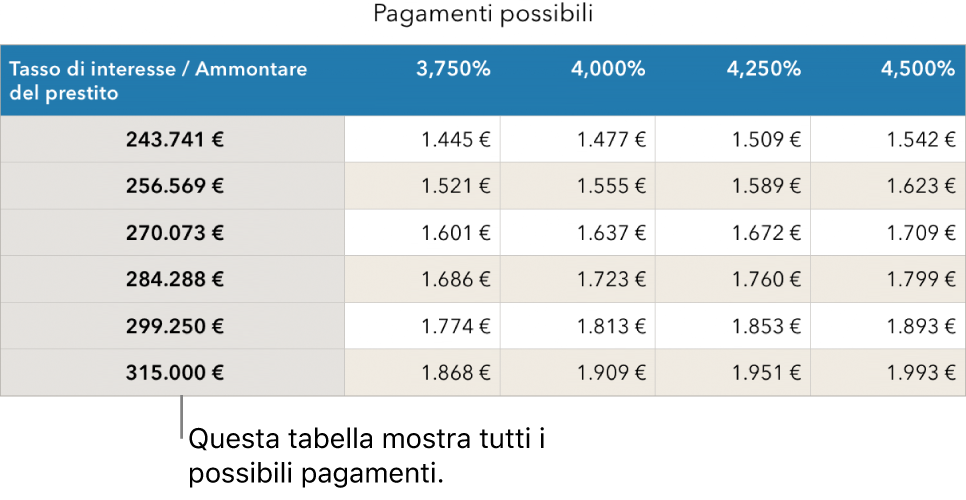 Tabella di un mutuo prima dell’applicazione del filtro per i tassi di interesse accessibili.