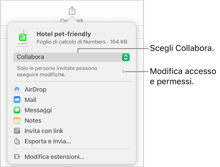 Il menu di condivisone con l’opzione Collabora selezionata in alto e le impostazioni di accesso e dei permessi sotto.