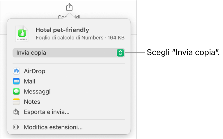 Il menu Condividi con l’opzione “Invia copia” selezionata in alto.
