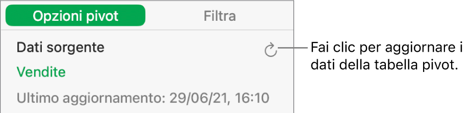 Il pannello “Opzioni pivot” che mostra l’opzione per aggiornare la tabella pivot.
