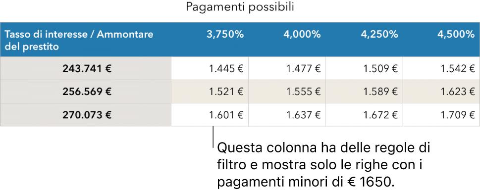 Tabella di un mutuo dopo l’applicazione del filtro per i tassi di interesse accessibili.