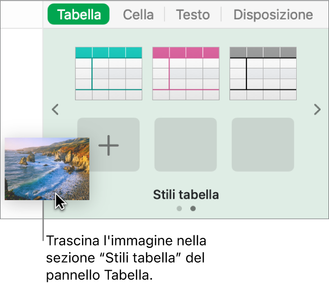 Trascinamento di un’immagine negli stili di tabella per creare un nuovo stile.