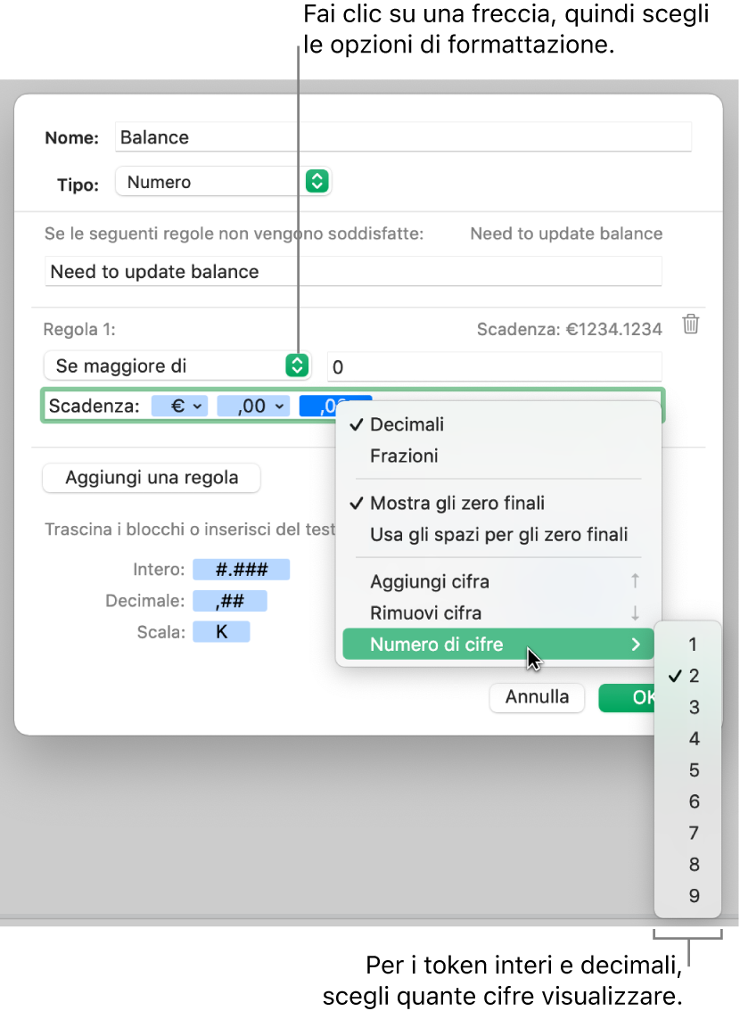 Finestra per la formattazione delle celle con controlli per scegliere opzioni di formattazione personalizzate.