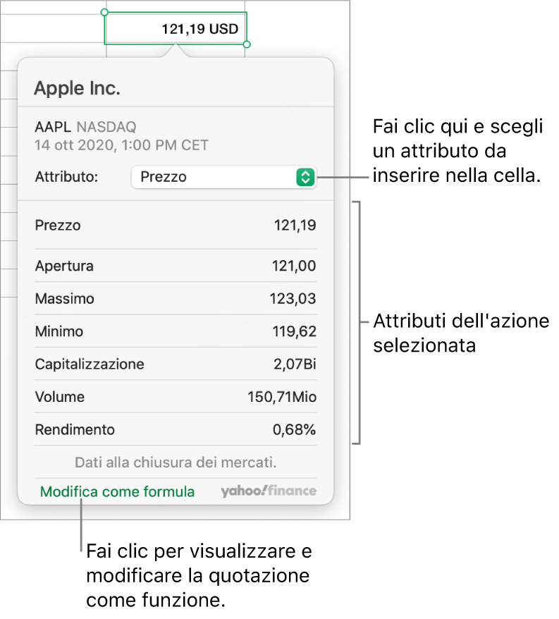 Finestra di dialogo per inserire le informazioni dell’attributo azione, con l’azione Apple selezionata.