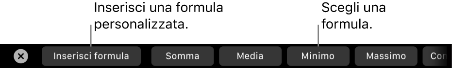 Touch Bar di MacBook Pro con i controlli per inserire le tue formule e per sceglierne una comunemente utilizzata.
