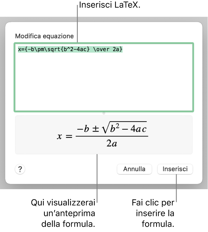 La formula quadratica scritta tramite LaTeX nel campo Equazione e un’anteprima della formula sotto.