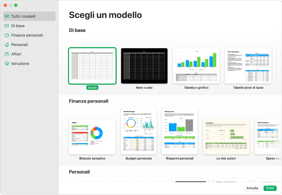 “Scelta modelli”. Una barra laterale sulla sinistra elenca le categorie di modelli su cui puoi fare clic per filtrare le opzioni. Sulla destra ci sono delle miniature di modelli con design predefinito disposte in riga per categoria, a partire da “Di base” in cima e seguite da “Finanze personali” e Personali. Nell’angolo in basso a destra, sono visibili i pulsanti Annulla e Crea.