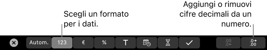 Touch Bar di MacBook Pro con i controlli per scegliere un formato per i dati e per aggiungere o rimuovere le cifre decimali da un numero.