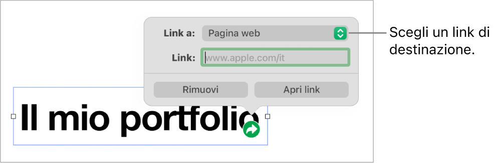 I controlli dell’editor dei link con la pagina web selezionata e con i pulsanti per rimuovere o aprire il link mostrati in basso.