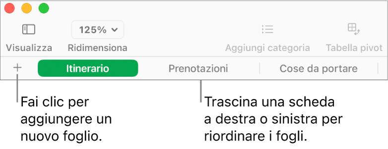 Barra dei pannelli per aggiungere un nuovo foglio e riorganizzare i fogli.