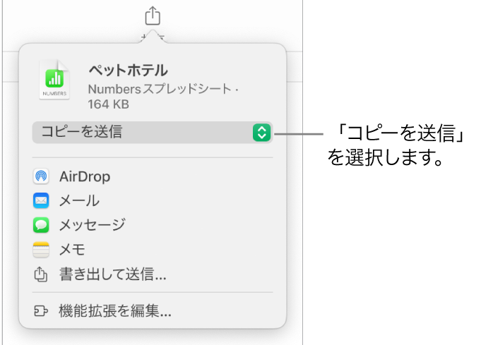 「共有」メニュー。上部で「コピーを送信」が選択されています。